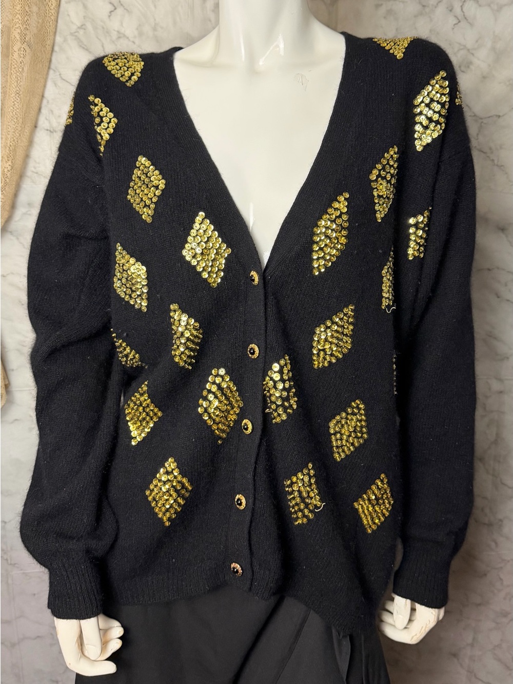 Lambswool Angora Blend Vintage Black Gold Sequin Cardigan Sweater S Cozy Luxe